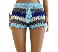 Felcia Women's Crochet Hollow Out Shorts Contrast Stripe See-Through Knit Beach Shorts Summer Bikini Bottoms Cover Up (A-Blue, L)