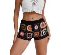 Felcia Women's Crochet Hollow Out Shorts Contrast Stripe See-Through Knit Beach Shorts Summer Bikini Bottoms Cover Up (B-Black, M)
