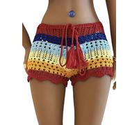 Felcia Women's Crochet Hollow Out Shorts Contrast Stripe See-Through Knit Beach Shorts Summer Bikini Bottoms Cover Up (A-Red, S)