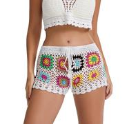 Felcia Women's Crochet Hollow Out Shorts Contrast Stripe See-Through Knit Beach Shorts Summer Bikini Bottoms Cover Up (B-White, L)