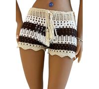 Felcia Women's Crochet Hollow Out Shorts Contrast Stripe See-Through Knit Beach Shorts Summer Bikini Bottoms Cover Up (A-Coffee, L)