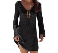 Felcia Womens Crochet Swimsuit Coverup Summer Sexy V Neck Hollow Out Long Sleeve Mesh Knit Beach Dress (A-Black, M)