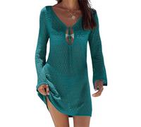 Felcia Womens Crochet Swimsuit Coverup Summer Sexy V Neck Hollow Out Long Sleeve Mesh Knit Beach Dress (A-Green, S)