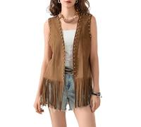 Felcia Women's Denim Tassel Jacket Vintage Lapel Long Sleeve Fringe Cropped Hippie Motor Biker Cardigan Outwears (F-Light Brown, S)