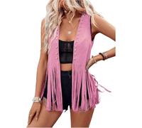 Felcia Women's Denim Tassel Jacket Vintage Lapel Long Sleeve Fringe Cropped Hippie Motor Biker Cardigan Outwears (E-Rose Red, M)