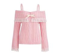 Felcia Women's Elegant Off Shoulder Jumper Y2k Kawaii Lace Trim Long Sleeve Cable Knit Sweater Pullover Streetwear Aesthetic Clothes (A-Pink, XL)