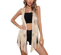 Felcia Womens Fringed Waistcoat Sleeveless Hollow Out Flower Pattern Open Front Vest Cardigans Tassel Vest 70s Hippie for Women (A-Ivory, 2XL)