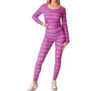 Felcia Womens Halloween Cheshire Cat Cosplay Costume Purple Striped Long Sleeve and Pants Role Play Outfit Romper (A-Fuchsia, XL)