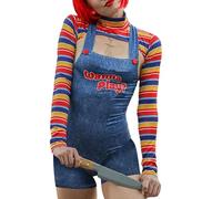 Felcia Women's Halloween Chucky Costume Letter Print Scary Nightmare Killer Doll Wanna Play Movie Character Bodysuit (A-Blue, L)