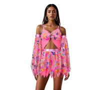 Felcia Women's Halloween Costume Seuin Camisole and Flowy Mini Skirt Arm Sleeves 3 Pcs Carnival Party Outfit (A-Pink, S)