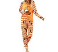Felcia Women's Halloween Pajamas Sets Ghost Pumpkin Print Long Sleeve Round Neck Tops with Elastic Waist Long Pants (A-Orange, M)
