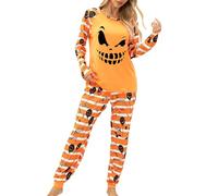 Felcia Women's Halloween Pajamas Sets Ghost Pumpkin Print Long Sleeve Round Neck Tops with Elastic Waist Long Pants (A-Black, L)