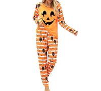 Felcia Women's Halloween Pajamas Sets Ghost Pumpkin Print Long Sleeve Round Neck Tops with Elastic Waist Long Pants (A-White, L)
