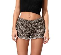Felcia Womens Leopard Print Shorts Elegant Tiered Smocked Low Rise Lace Trim Bloomer Shorts Lounge Shorts for Streetwear (A-Black, M)