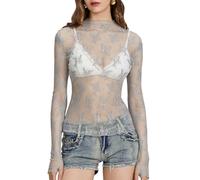 Felcia Women's Mesh Tops Mock Neck Sheer Blouse Long Sleeve See-Through Floral Lace T Shirt