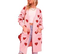 Felcia Women's Oversized Long Cardigan Elegant Heart Print Open Front Valentine Sweater Casual Loose Outerwear with Pockets Streetwear (A-Pink, M)
