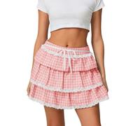 Felcia Women's Plaid A Line Skirt Casual Pleated Ruffle Mini Skirt Summer Cute Beach Short Skirts Aesthetic Clothes (F-Orange Pink, XL)