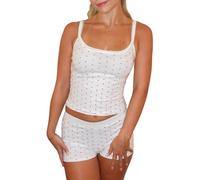 Felcia Womens Pyjamas Shorts Set Sexy Spaghetti Strap Cami Top Matching Shorts Pjs Set 2 Piece Sleepwear Loungewear (E-White, M)