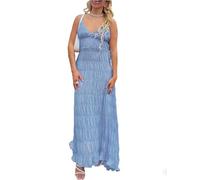 Felcia Women's Spaghetti Strap Cami Dress Summer Sleeveless V-Neck Casual Dresses Boho Backless Flowy Long Sundresses (A-Blue, L)