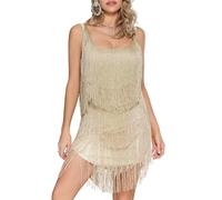Felcia Women's Sparkly Tassels Mini Dress Sexy Deep V Neck Backless Sequined Fringe Short Dress Sleeveless Bodycon Party Club Slip Dress (B-Gold, S)