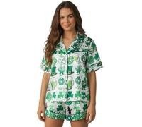 Felcia Women's St Patrick's Day Pajama Sets Irish Short Sleeve Shamrock Print Shirt with Shorts Set Lounge Clothes (A-White, M)