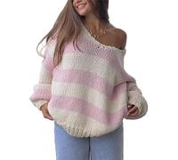 Felcia Women's Stylish Striped Sweater Drop Shoulder Long Sleeve V Neck Loose Knitted Tops Fall Streetwear (A-Pink, M)