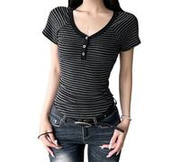Felcia Women's Summer Casual T-Shirt Cropped Solid Color/Stripe Print Short Sleeve Front Button V-Neck Slim Fit Tops