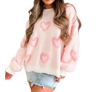 Felcia Women's Valentine's Day Knit Sweater Cute Heart Print Long Sleeve Knit Pullover Casual Loose Jumpers Tops Aesthetic Clothes (B-Coral Red, S)