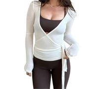 Felcia Women's Y2k Ballet Wrap Top Long Sleeve Deep V Neck Slim Fit Yoga Pilates Ballet Workout Tops (A-White, M)