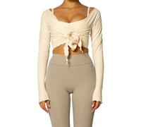 Felcia Women's Y2k Ballet Wrap Top Long Sleeve Deep V Neck Slim Fit Yoga Pilates Ballet Workout Tops (D-Milky White, S)
