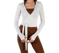 Felcia Women's Y2k Ballet Wrap Top Long Sleeve Deep V Neck Yoga Workout Tops with Thumb Hole Casual Slim Fit Going Out Top (A-White, S)