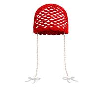 Felcia Women's Y2k Crochet Hats Vintage Knit Fishnet Hollow Out Beanies Pearl Bow Decor Beanie Hat (Red, ONE Size)