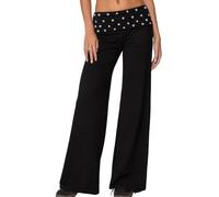 Felcia Women's Y2k Fold Over Yoga Pant Elastic Low Rise Number Print Wide Leg Sweatpants Trendy Going Out Jogger Pants Loungewear (A-Black, S)