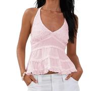 Felcia Women's Y2k Lace Halter Top Summer V Neck Sleeveless Cami Ruffle Hem Shirts Solid Color Backless Tank Top (Pink, M)