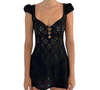 Felcia Women's Y2K Lace Mini Dress Sexy V Neck Hollow Out See Through Cover up Button Down A Line Dress Clubwear (A-Black, S)
