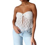 Felcia Women's Y2K Lace Tube Tops Off Shoulder Backless See Through Bandeau Tops Front Split Ruched Tie Up Crop Tops (A-White, L)