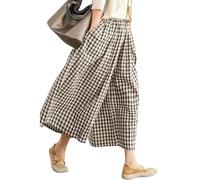 Felcia Women's Y2k Plaid Capri Culottes Elastic Waistband Wide Leg Loose Casual Pull On Trousers with Side Pocket (A-Light Brown, L)