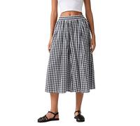 Felcia Women's Y2k Plaid Capri Culottes Elastic Waistband Wide Leg Loose Casual Pull On Trousers with Side Pocket (A-Black, L)
