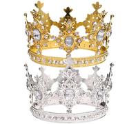 FeLeA 2Pcs Mini Crown Cake Toppers - Gold Silver Tiara, Shiny Rhinestone Crown, Wedding Cake Ornament for Birthday Party, Baby Show, Princess Cake Photo