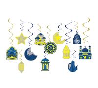 FeLeA Ramadan Mubarak Hanging Swirl Decorations,12 Pieces Eid Mubarak Hanging Swirl Decorations Shining Star Moon Lantern Ceiling Foil Decor for Eid Party Holiday Decorations Supplies (Blue and Gold)