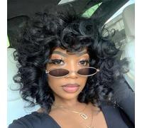Felek Short Curly Afro Wig with Bangs for Black Women Afro Kinky Curly for Black Women Fluffy Synthetic Heat Resistant Full Wig