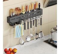 Felenny Knife Holder Stainless Steel Knife Block Rack Includes 8 Hooks Chopsticks Holder No Punching Wall Mounted Kitchen Cookware Storage Stand Kitchen Countertop Storage Black