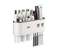 Felenny Wall Mount Toothbrush Holder with Double Automatic Toothpaste Dispenser 3 Cups Drawer 6 Brush Slots, Large Storage Tray and Cosmetic Drawer Organizer Toothbrush Holder for Bathroom