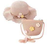 FELHPSP Girls Straw Hat and Mini Straw Cross Body Bag Sets,Cute Sun Cap Girl Foldable Wide Brim Hat Sun Protection Floppy Beach Cap for Little Girls Age 3-12 (Pink)
