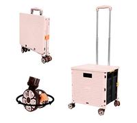 FELICON SELORSS Foldable Utility Cart Folding Portable Rolling Crate Handcart with Durable Heavy Duty Plastic Telescoping Handle Collapsible 4 Rotate Wheels for Travel Shop Move Luggage Office(Pink