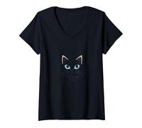 Feline Fine Cats for Girls - Cute Kitty Whiskers & Stars V-Neck T-Shirt, Women, Black, S