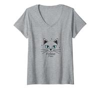 Feline Fine Cats for Girls - Cute Kitty Whiskers & Stars V-Neck T-Shirt, Women, Heather Grey, M