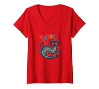 Feline Groovy: Psychedelic Cat Music Lover Art V-Neck T-Shirt, Women, Red, S