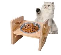 Feline Nosh Vessel, Healthy Support, Tarnish Resistant Insert, Wooden Holder, Non Tip Eating Station, Walnut Finish Stand, Pet Feeder, Ideal for Home Animal Drinkware
