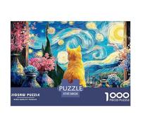 Feline Sitting on The Windowsill 1000 Piece Premium Cardstock Puzzle Van-Gogh Style Starry Sky Stress Releasing Family Game Jigsaws for Toddlers 38x26cm/1000pcs